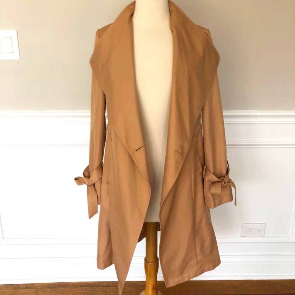 HALOGEN BEIGE NEUTRAL TRENCH COAT WITH RIBBONS